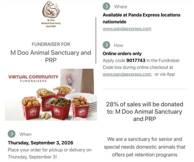 Panda Express fundraiser for M Doo Animal Sanctuary and PRP on September 3, 2026.