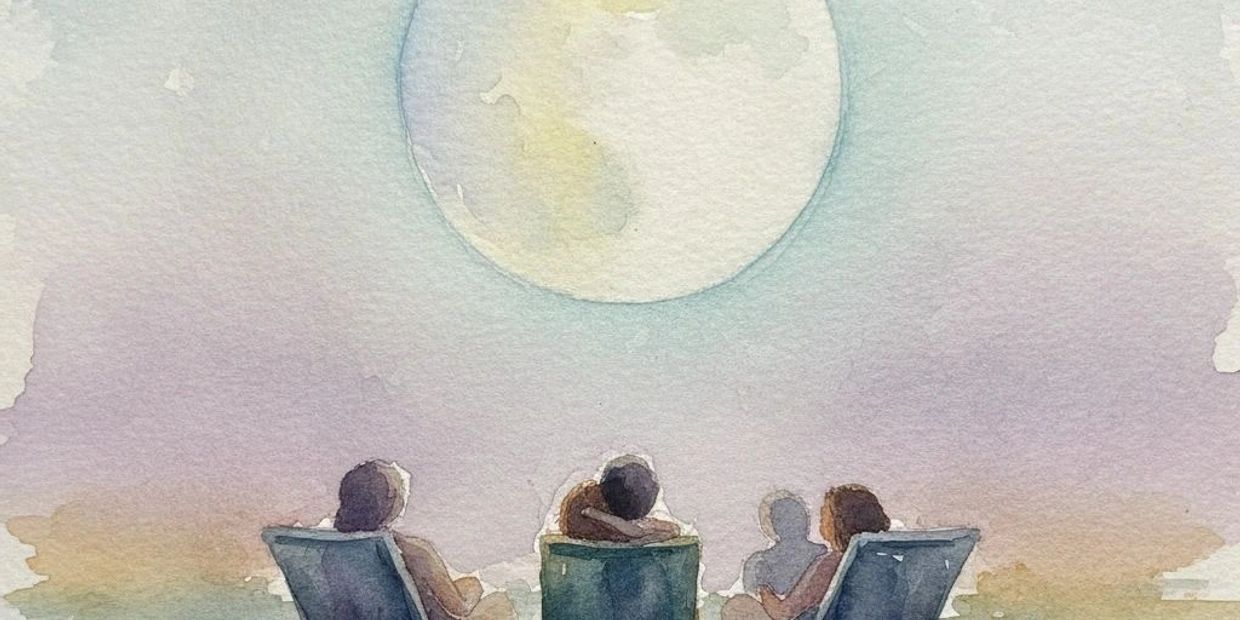 Watercolor painting of four people sitting under a large moonlit sky.