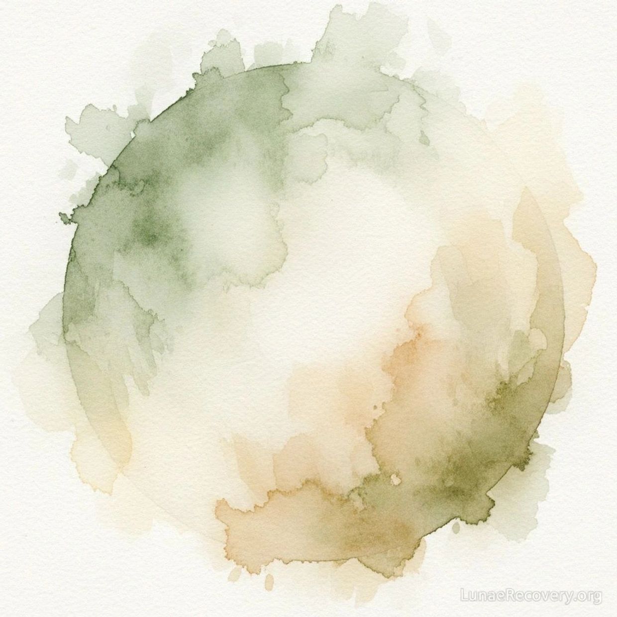 Abstract watercolor circle with earthy green and beige tones blending softly.