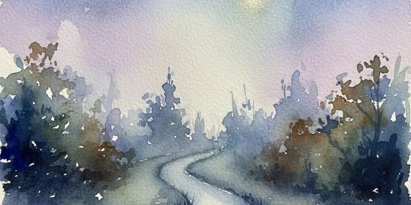 A misty watercolor landscape with a winding path through trees at dawn.