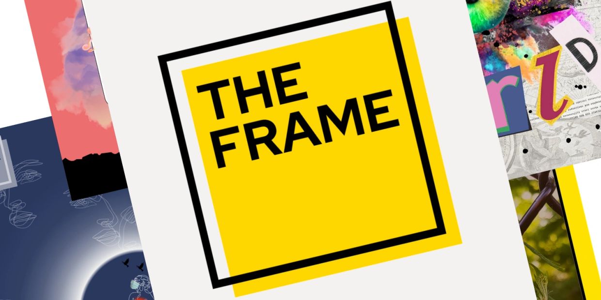 Logo of The Frame in a yellow and black design.