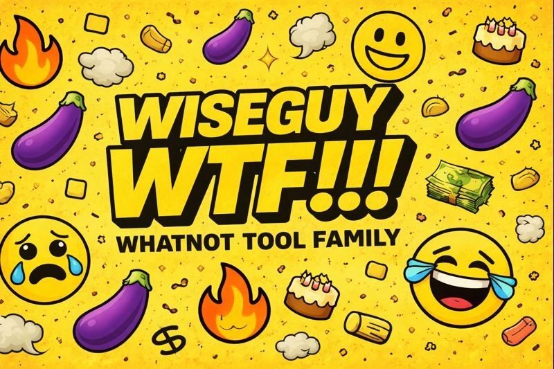 Bright yellow text 'WISEGUY WTF!!!' surrounded by emojis and symbols.