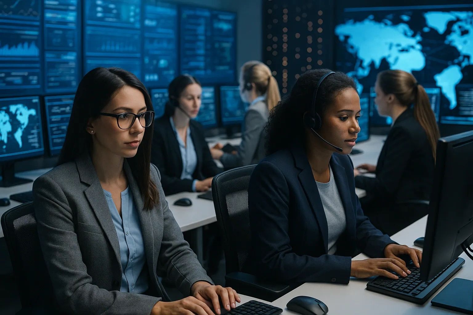 Women in cybersecurity operations center.