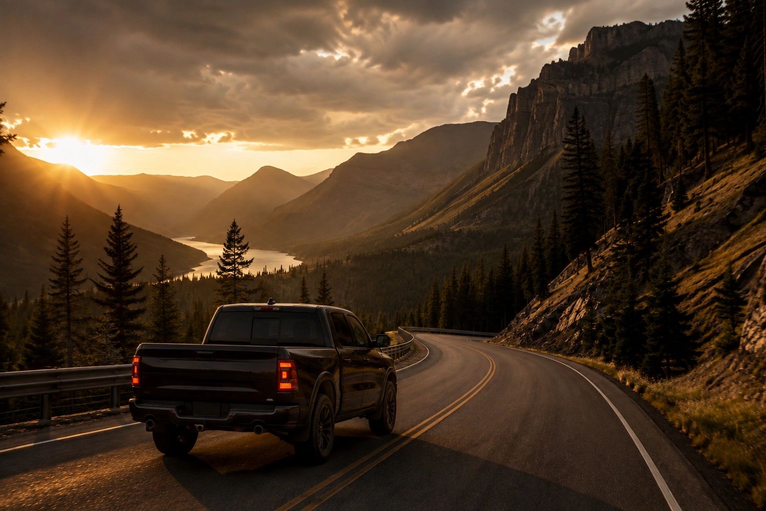 Pickup truck driving on a scenic mountain road at sunset.