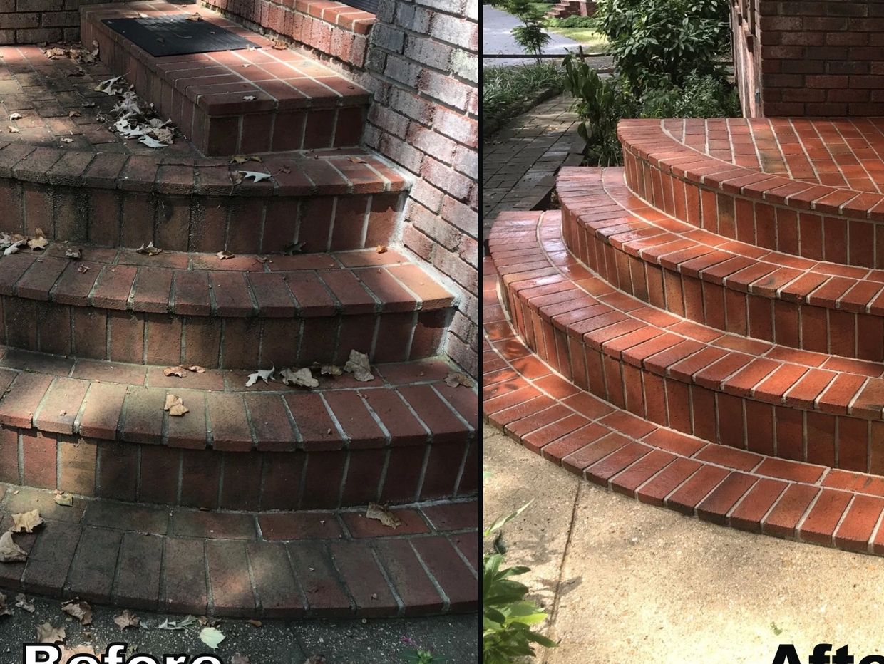 Before and after cleaning of brick steps, showing a clear transformation.