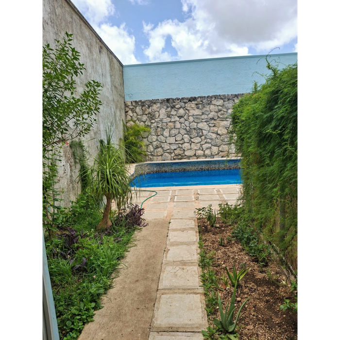 Pathway leading to a pool surrounded by greenery and stone walls.