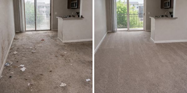 Before and after carpet cleaning in an empty apartment room.