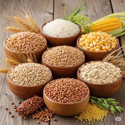 Bowls of various grains and seeds on a wooden surface.