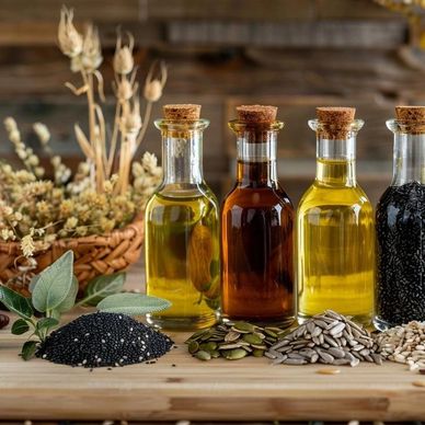 Bottles of oils with different seeds on wooden surface.