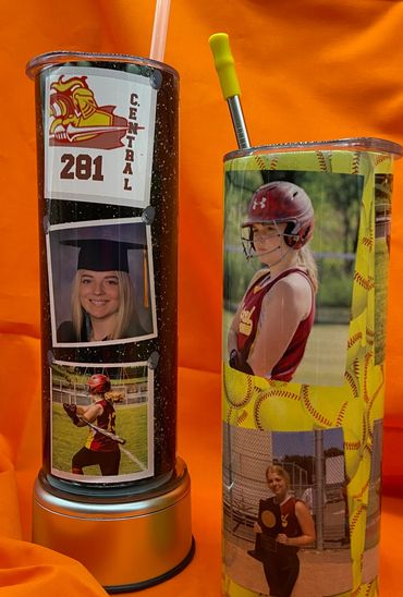 20-ounce metal tumbler with four sports pictures