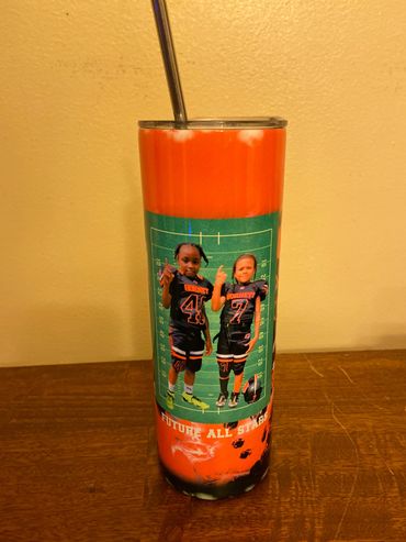 Orange tumbler with two kids in football uniforms and "Future All Stars" text.