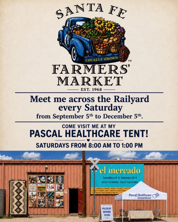Santa Fe Farmers' Market poster and Pascal Healthcare tent setup.