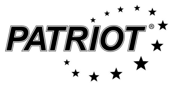 The image is the Patriot logo, black capital letters on a white background encircled by stars. 