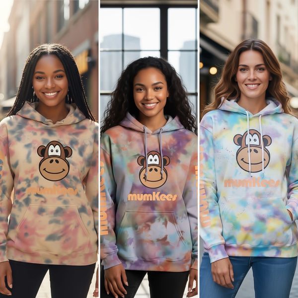 Three women wearing colorful tie-dye hoodies with a monkey logo and 'mumKees' text.
