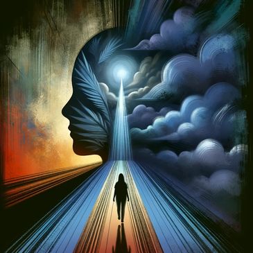 Colorful abstract picture of a human form walking toward the light in the head  of a person.