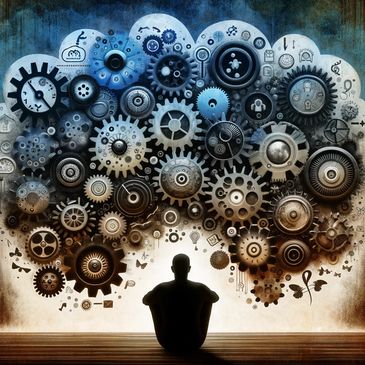 Abstract picture of a man sitting down and clocks and widgets above his head.