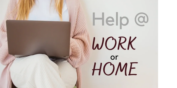 woman with laptop and graphic says help at work or home.