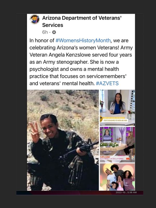 screenshot of Arizona Department of Veterans Services with picture and info  about Angela Kenzslowe
