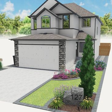 Modern two-story house with a gray exterior and landscaped front yard.