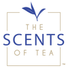 SCENTS OF TEA LOGO for aroma tea scent kit has gold square and blue tea leaf with TM