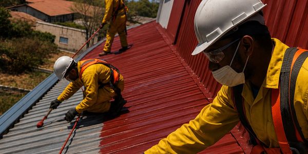 Workers in safety gear painting a large rooftop red and gray.