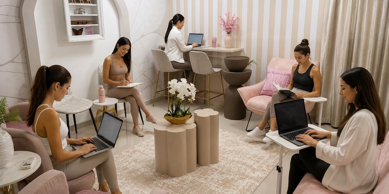 Cinco mujeres trabajando y leyendo en una sala moderna y luminosa.