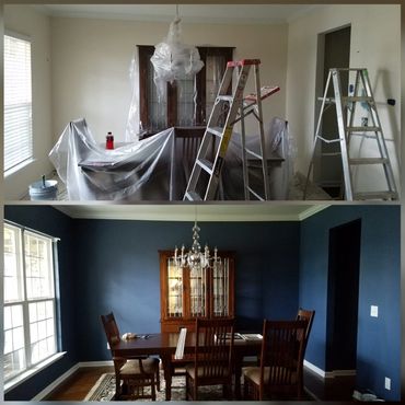 Plastic covering furniture; prep work for painting in Dining room in Murfreesboro; before and after
