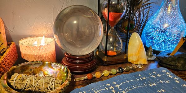 Tarot cards laid out on table with white sage, crystal ball, candle and crystals surrounding it.