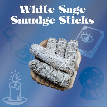 Photo of white sage smudge sticks on blue background with tarot related icons