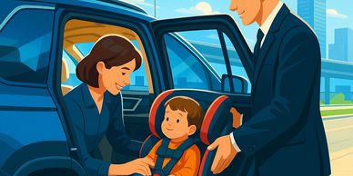 Chauffeur helping a lady strap her child into a child seat for safety.