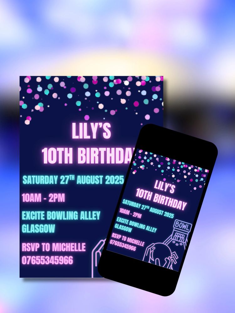 Example of digital and printed invitations available. In this case, a bowling themed neon invitation
