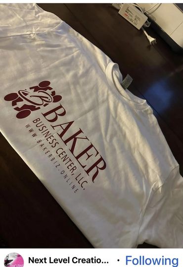 White T-shirt with Baker Business Center logo and website.