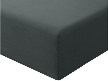 Dark gray fitted sheet covering a mattress corner.