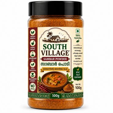 South Village Sambar Powder in a 100g container with traditional design.