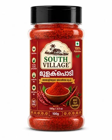 South Village red chili powder in a 100g bottle with a black cap.