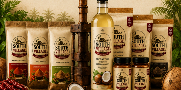 South Village brand spices and coconut oil displayed with natural elements.