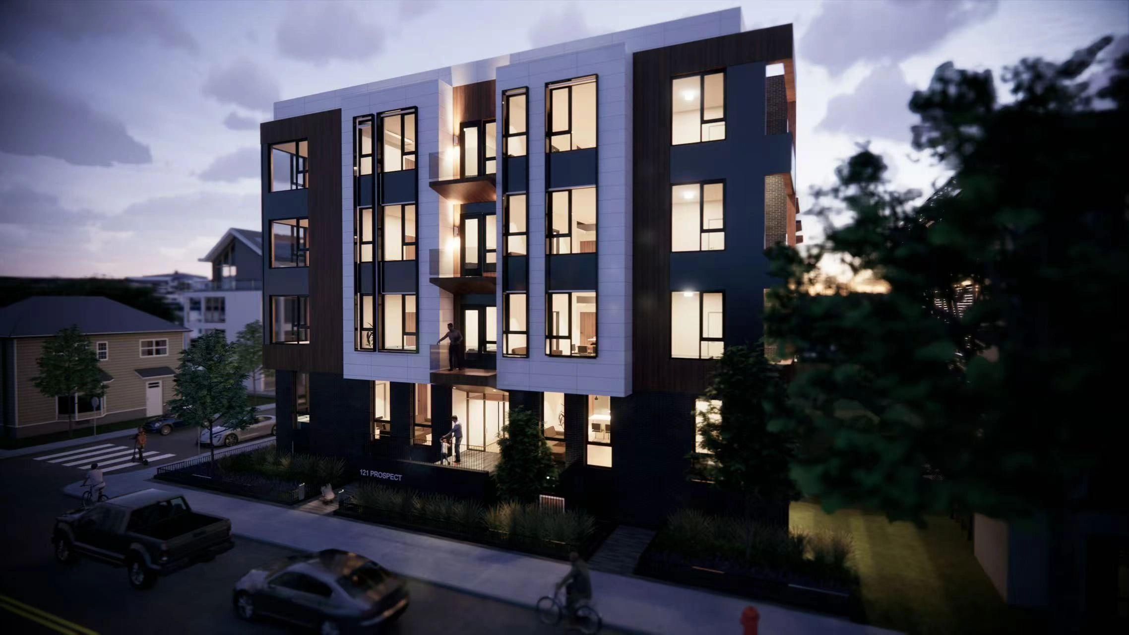 Featuring a sleek facade, tall glass windows, warm lighting, and pedestrian-friendly streetscape.