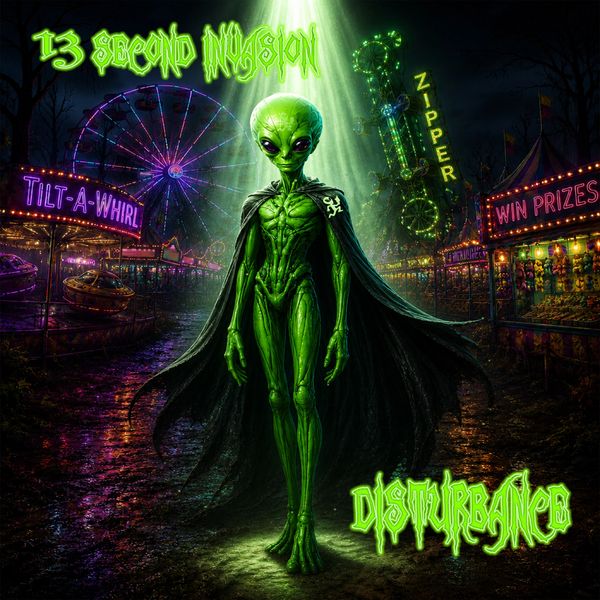 A green alien in a black cape stands in a neon-lit carnival at night.