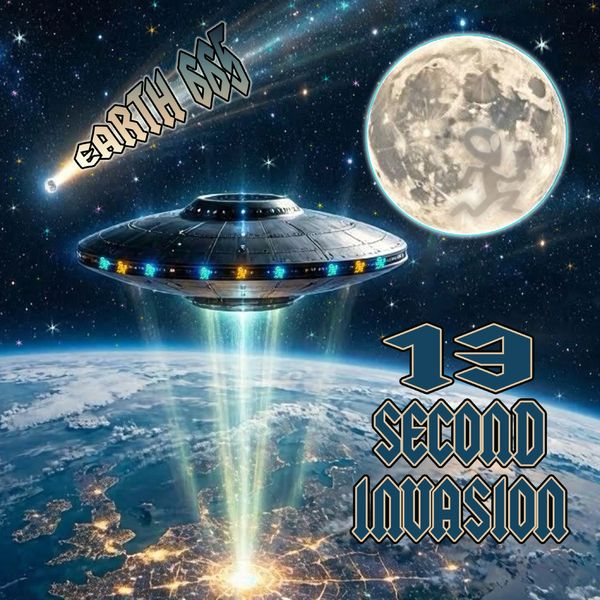 UFO hovering over Earth with text 'Earth 666' and '13 Second Invasion'.