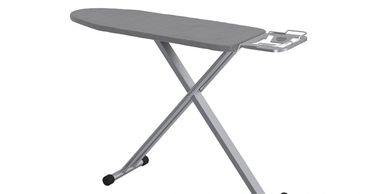 A modern grey ironing board with a metal iron rest.