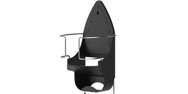 Modern black wall-mounted mailbox with a curved design and metal railing.