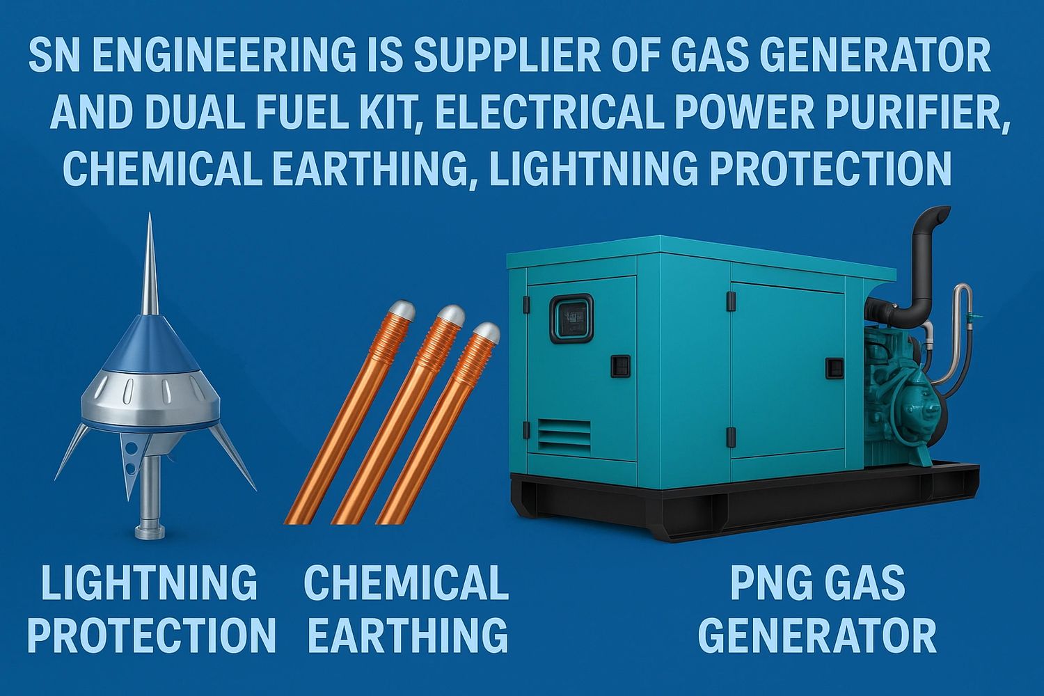 Various industrial components including lightning protection, chemical earthing rods, and a PNG gas generator.