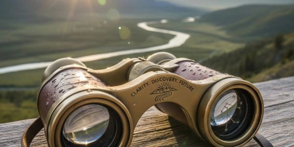 Binoculars on a wooden surface with a river and mountains in the background.
