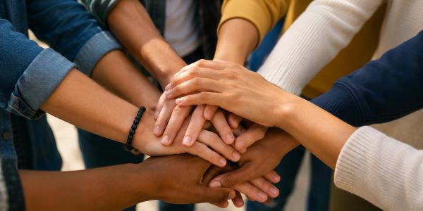 Hands stacked together showing unity.