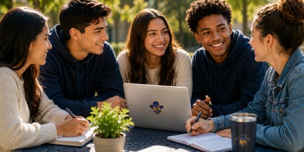 Group of young adults studying together outdoors.