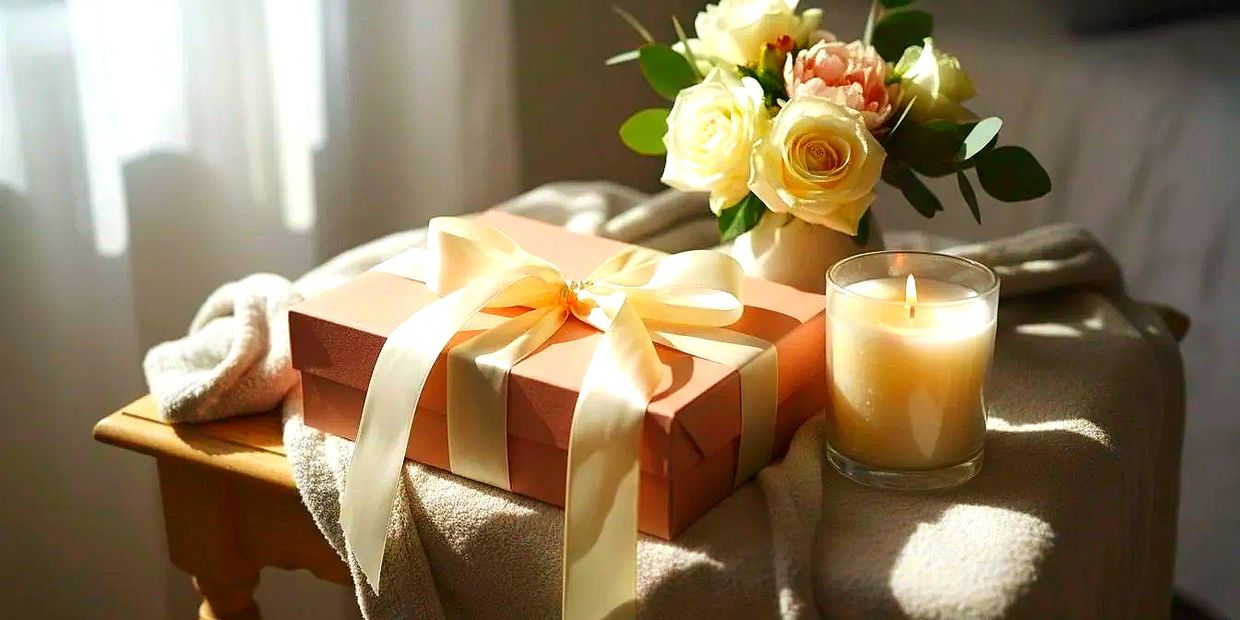 Gift box with cream ribbon beside a lit candle and flower bouquet.