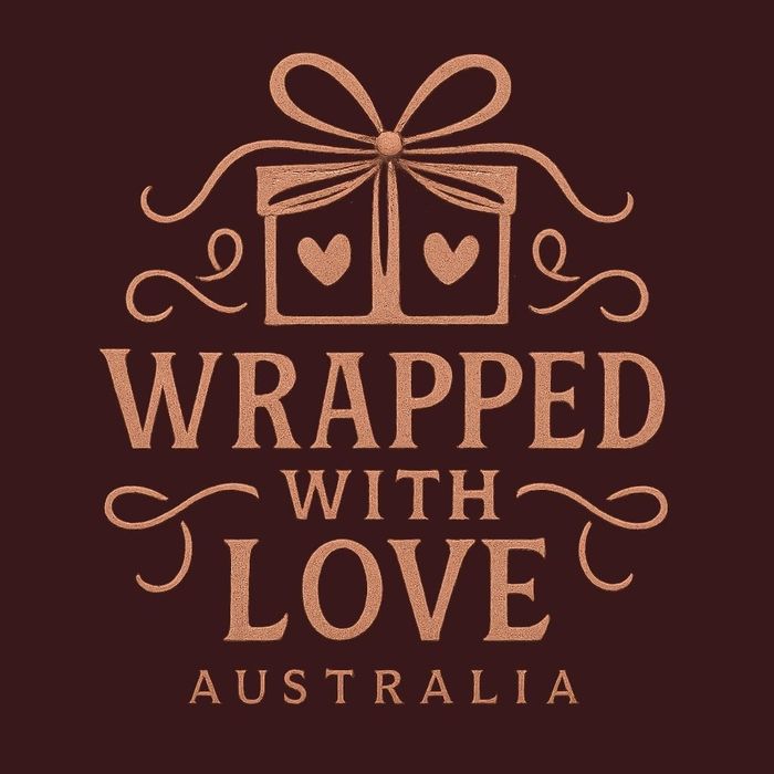 Decorative logo with gift box and 'Wrapped with Love Australia' text.