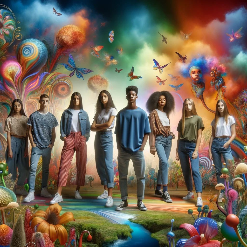 Empowered youth, diverse and dynamic, stand together in a landscape where reality blends with dreams