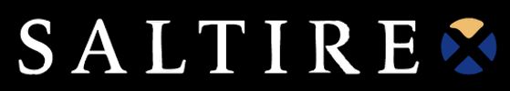 Logo with the word SALTIRE and a blue and beige emblem.