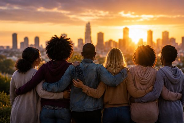 Group of friends embracing while watching the sunset over a city skyline.
